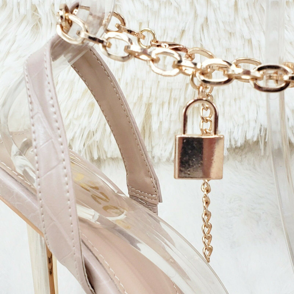 Nicely Pad Lock Chain Strap High Heels Metal Toe Tip Shoes Nude - Totally Wicked Footwear