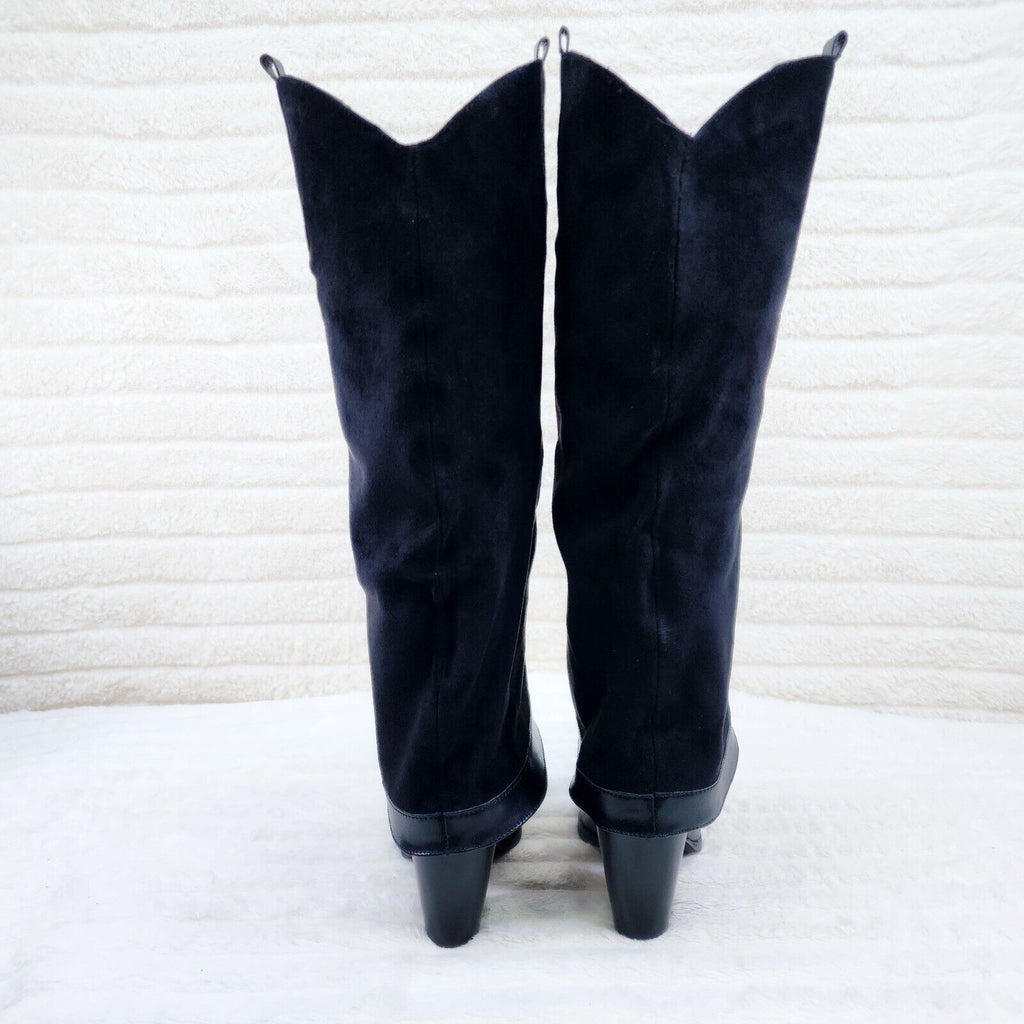 Branded Black Skirted Fold Over Western Knee High Cowgirl Boots - Totally Wicked Footwear