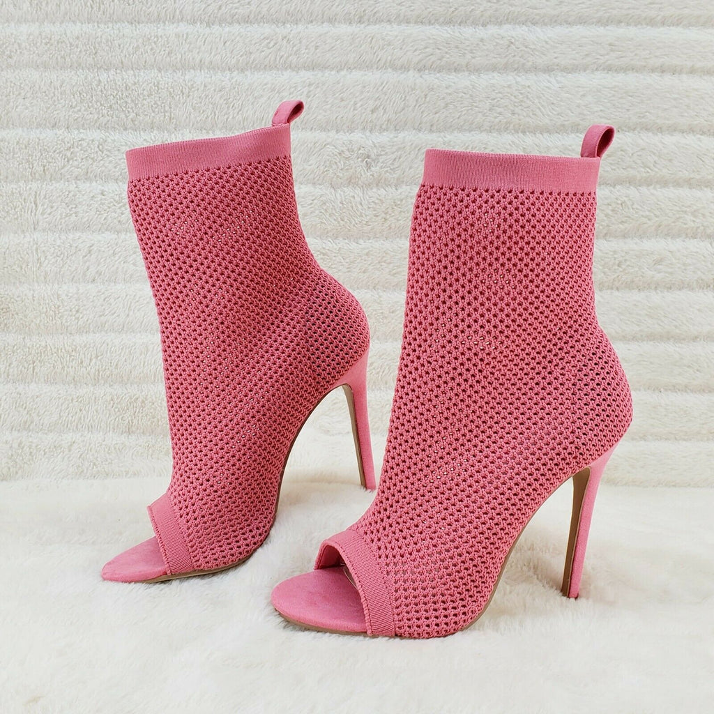 Ready Go Coral Pink Stretch Knit Mesh Open Toe Pull On High Heel Ankle Boots - Totally Wicked Footwear