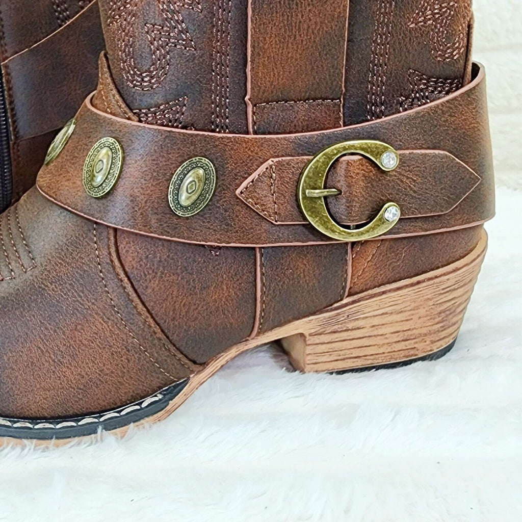 Wild West Brown Distressed Western Cowgirl Pull On Ankle Boots - Totally Wicked Footwear