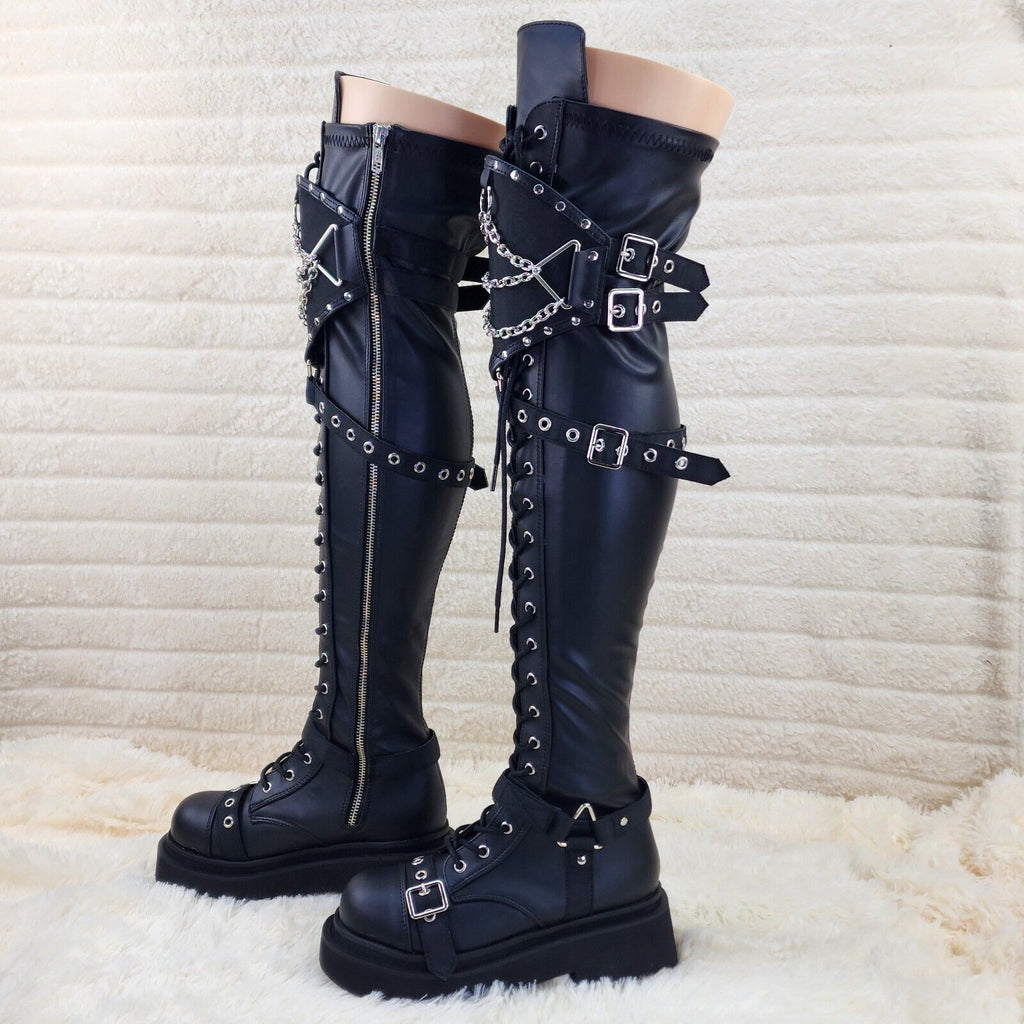 Renegade Goth Punk Rocker Over The Knee Boots With Knee Shield & Chains NY - Totally Wicked Footwear