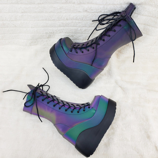 Void Purple Green Reflective Platform Wedge Mid Calf Boots IN HOUSE NY Demonia - Totally Wicked Footwear