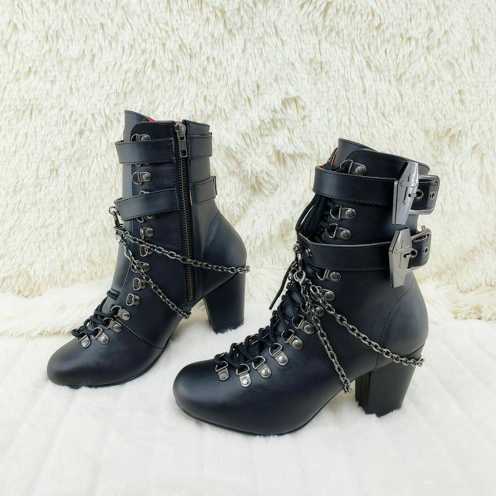 Vivika Goth Granny Ankle Boots Coffin Straps & Chains US 6-12 Goth NY - Totally Wicked Footwear