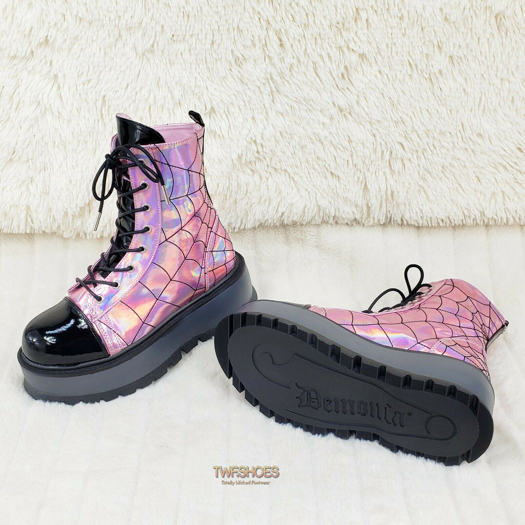 Slacker 88 Pink Hologram Spider Web Design Up Ankle Boots US 6-12 Goth NY - Totally Wicked Footwear