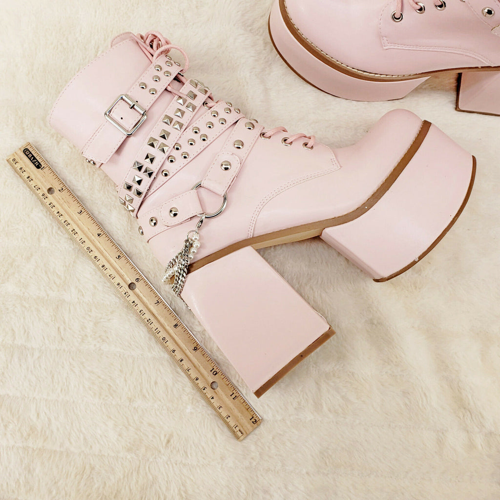 Ocho Baby Pink Ice Multipile Stud Strap Platform Chunky Block Heel Ankle Boots - Totally Wicked Footwear