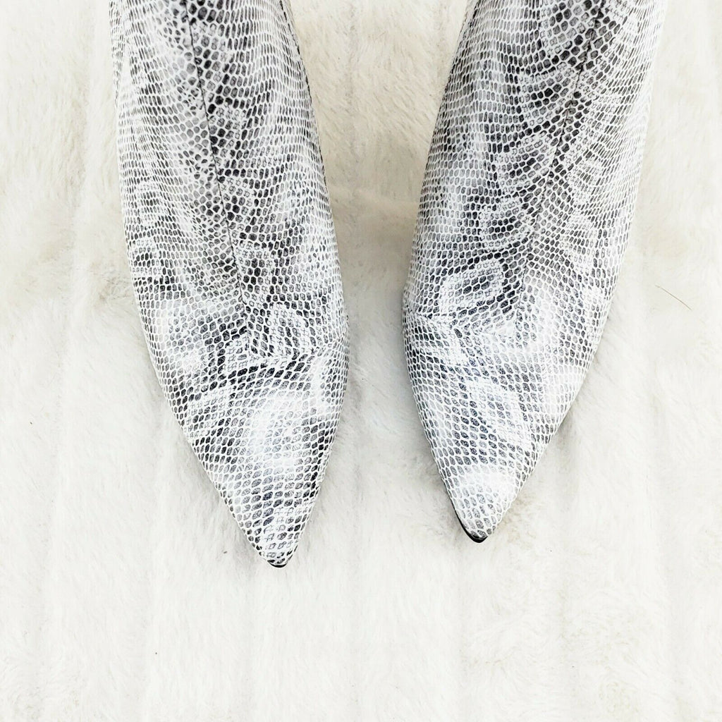 5" Geo Deco High Heel White Snake Print Pointy Toe Ankle Boots Shawna - Totally Wicked Footwear