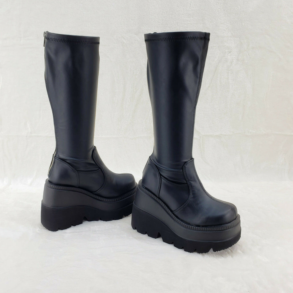 Shaker 65WC Wide Calf Stretch Matte Platform 4.5" Wedge Heel Knee Boots NY - Totally Wicked Footwear