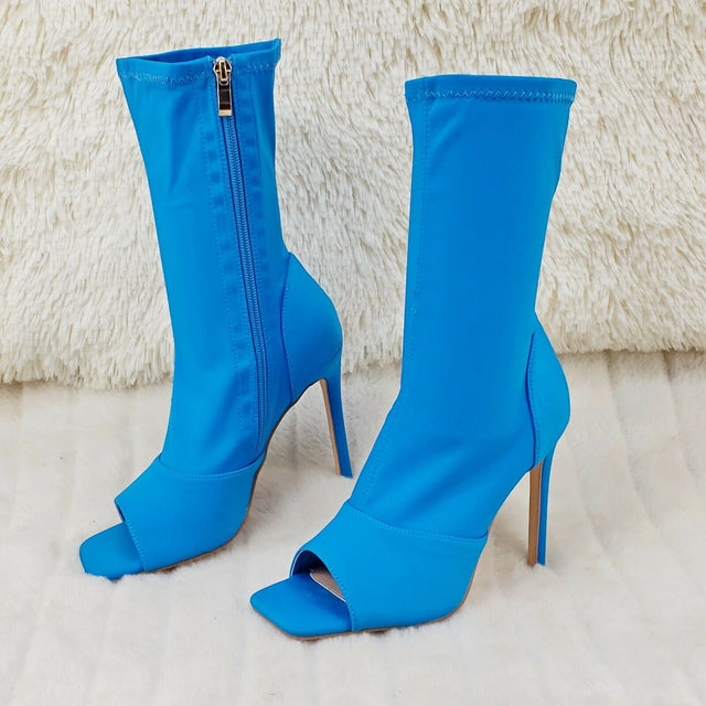 Victoria Turquoise Blue Stretch Square Open Toe High Heel Ankle Mid Calf Boots - Totally Wicked Footwear