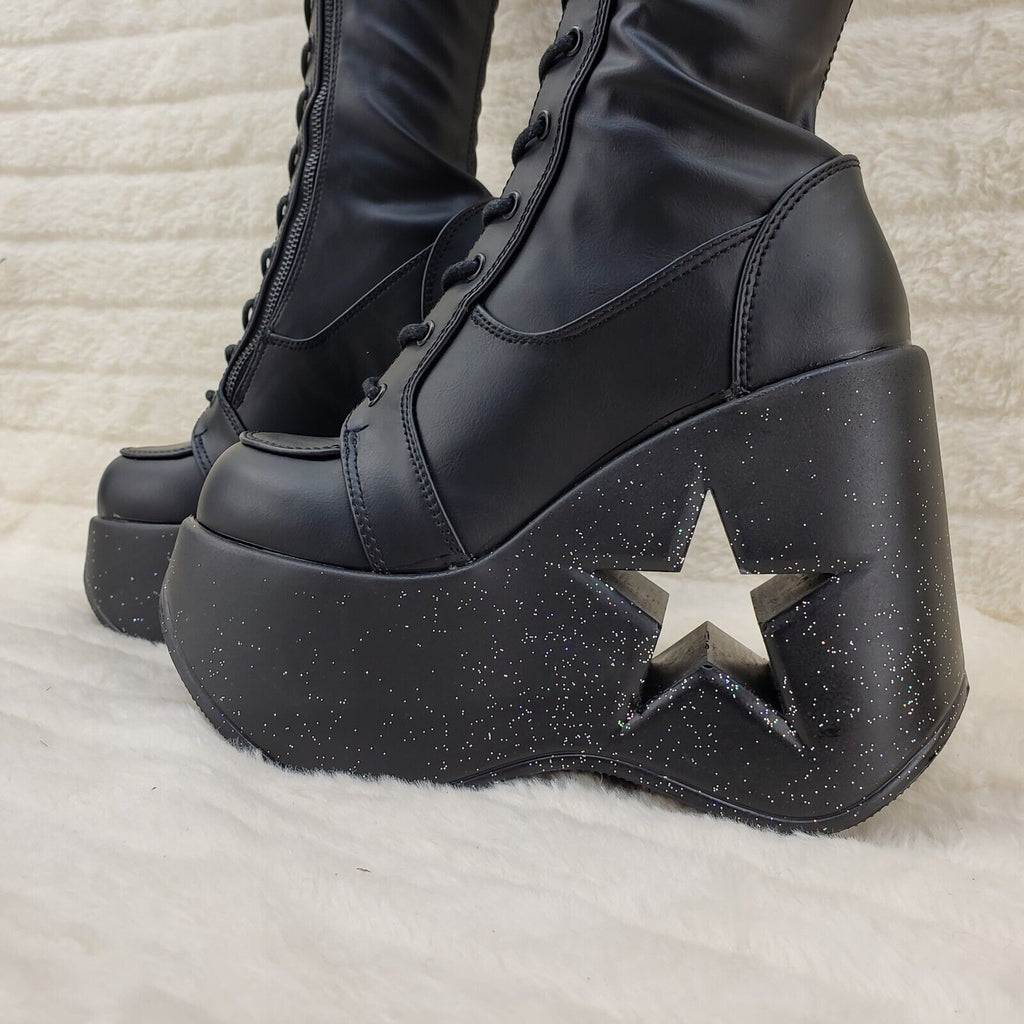 Dynamite 300 Platform 5" Star Heel Stretch Goth Punk Thigh Boots Black Matte NY - Totally Wicked Footwear