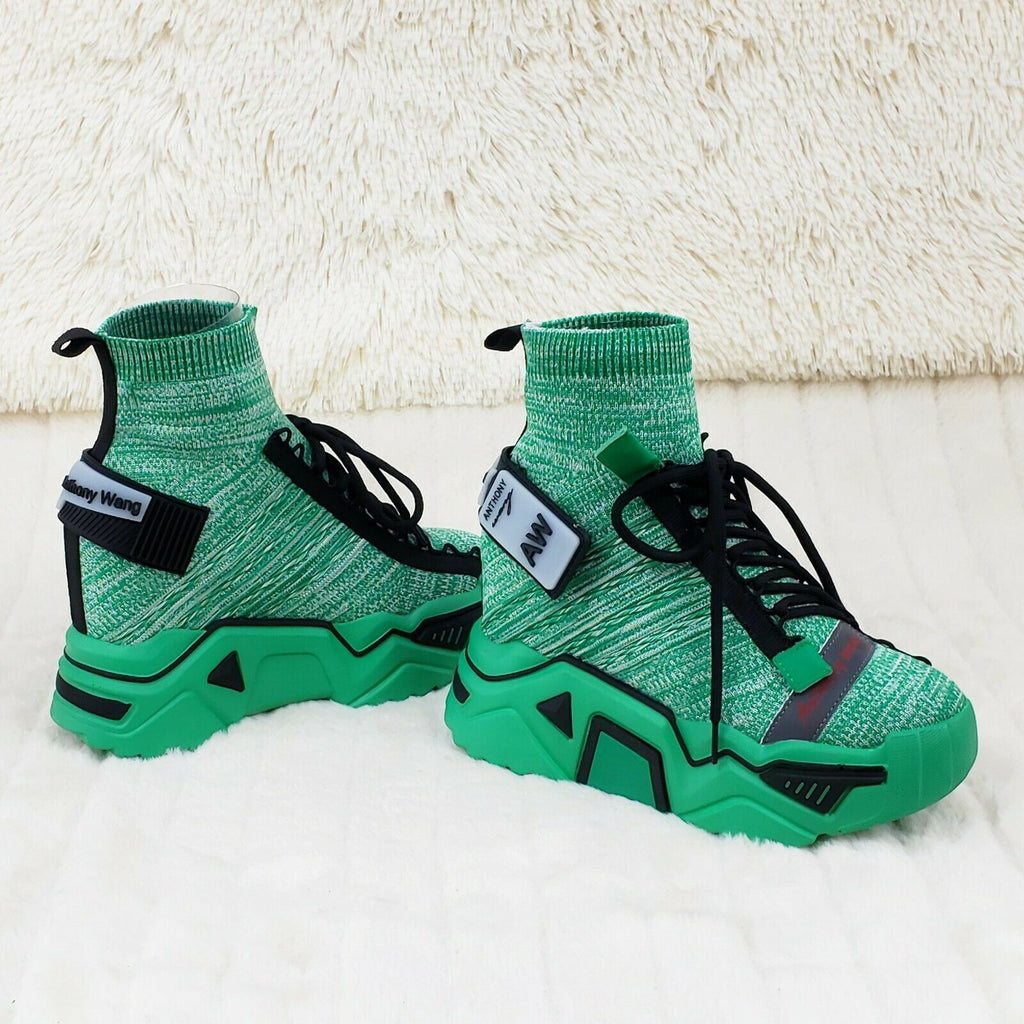 Wang Damson Pull On Knit Platform Sneaker Boots 4" Hidden Wedge Green Knit - Totally Wicked Footwear