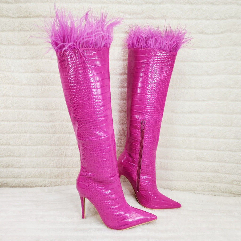 Flirty Fuchsia Pink Snake Texture Knee High Heel Stiletto Boots Sexy Feather Top - Totally Wicked Footwear