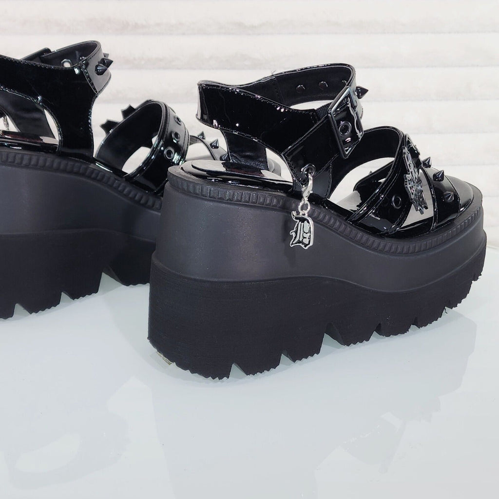 Shaker 13 Black Out Patent 4.5" Wedge Heel Gothic Sandals Studs And Charms NY - Totally Wicked Footwear