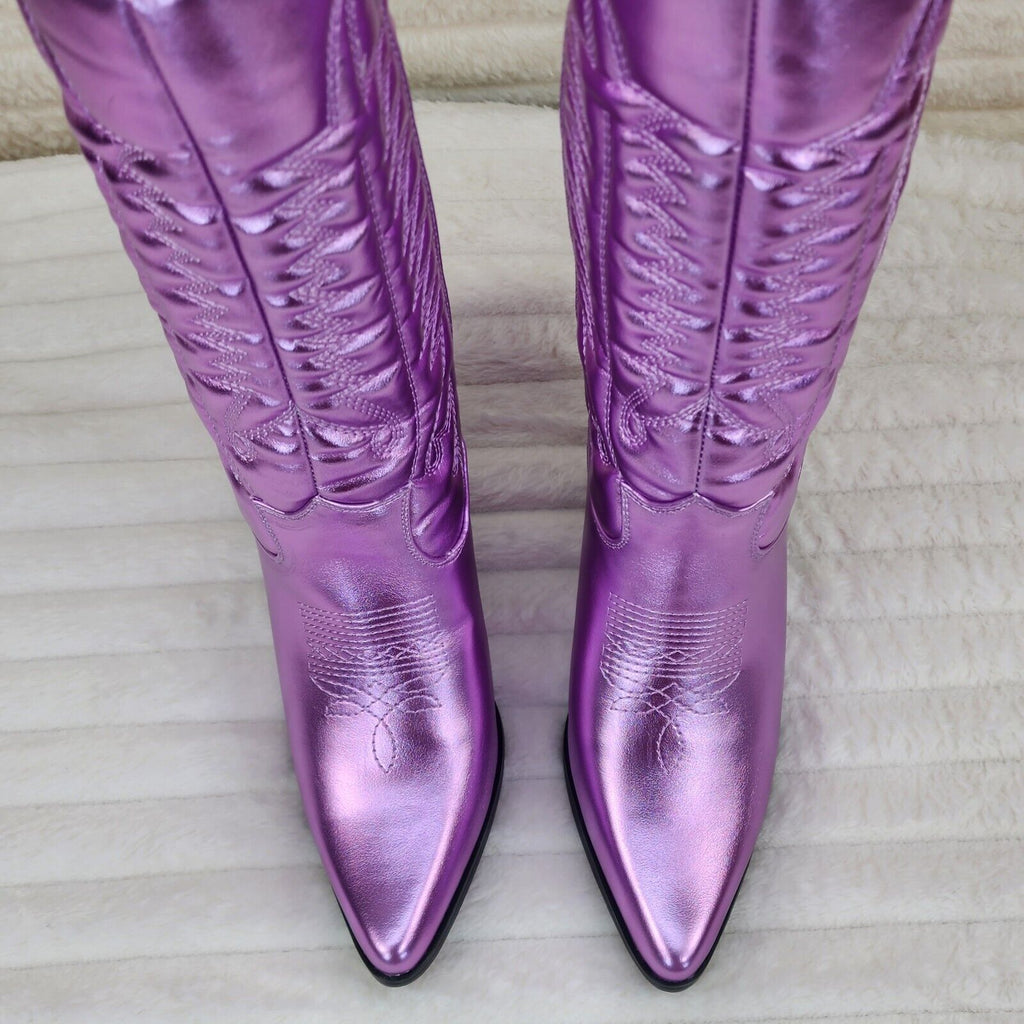 Disco Cowgirl Metallic Lilac Purple Cowboy Knee Boots Western Block Heels US - Totally Wicked Footwear