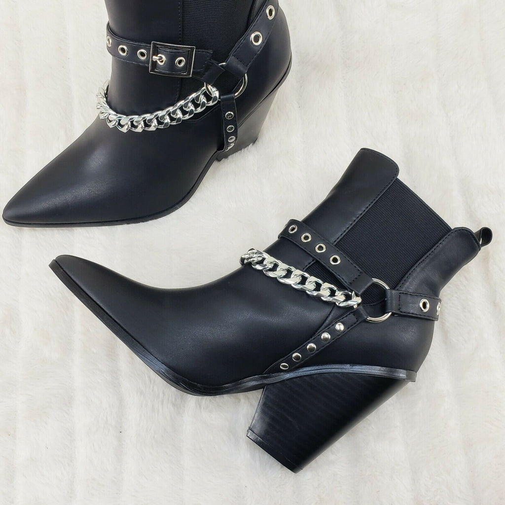 Dimitri Western Chain Strap Cowboy / Cowgirl Pull Ankle Boots Black 6-11 - Totally Wicked Footwear