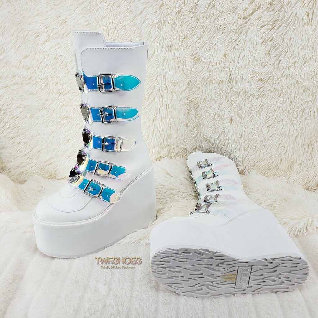 Cyber Swing 230 White Boot 5.5" Platform Heart Hologram Strap Design NY Restock - Totally Wicked Footwear