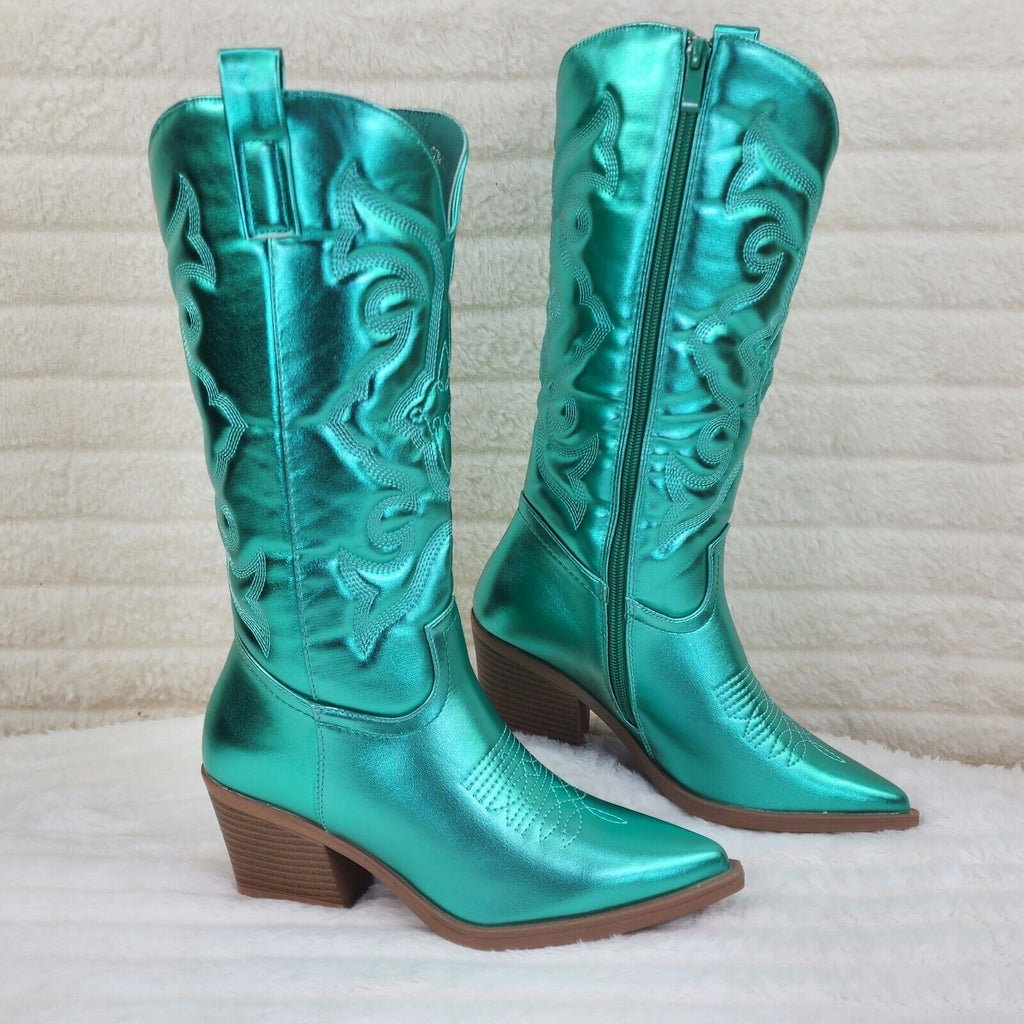 Disco Cowgirl Metallic Green Cowboy Knee Boots Western Block Heels US Sizes - Totally Wicked Footwear