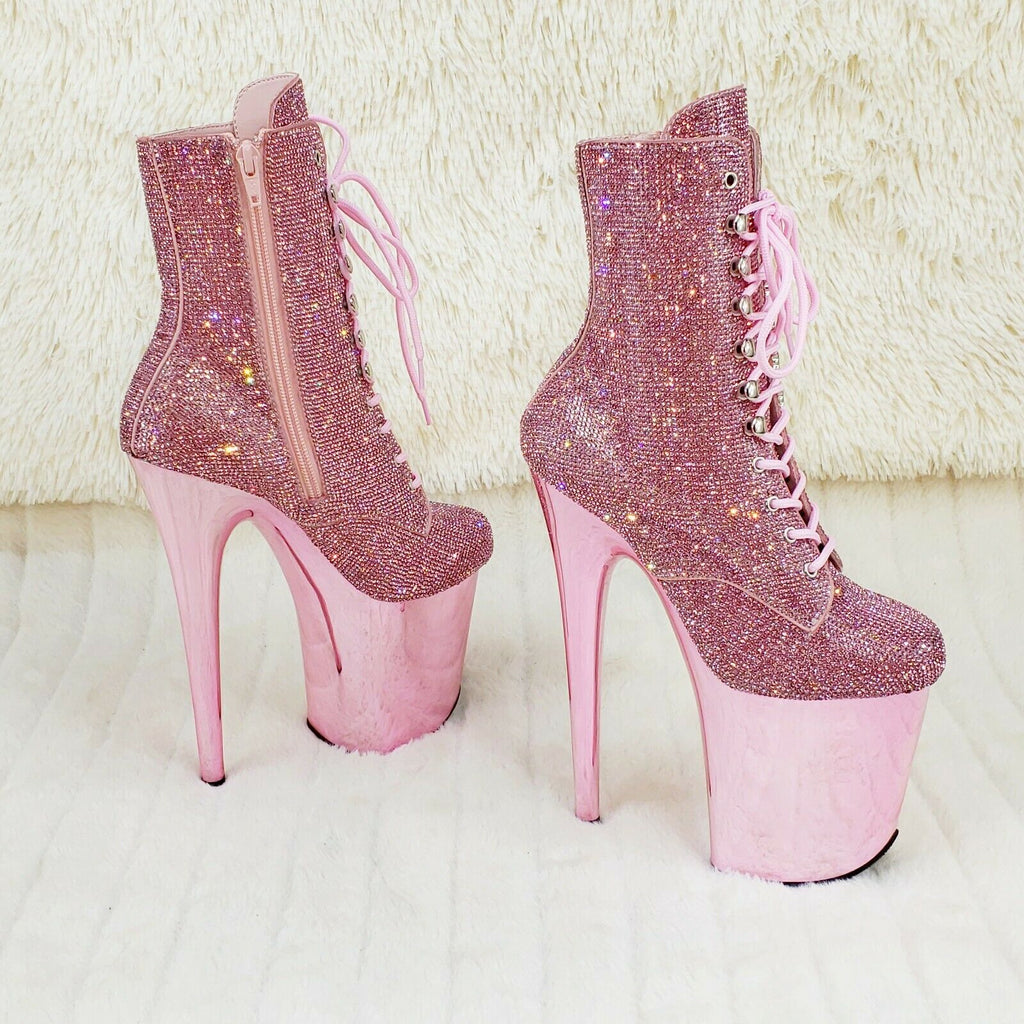 Baby Pink 1020CHRS Bejeweled Rhinestone 8" Heel Chrome Platform Ankle Boots NY - Totally Wicked Footwear