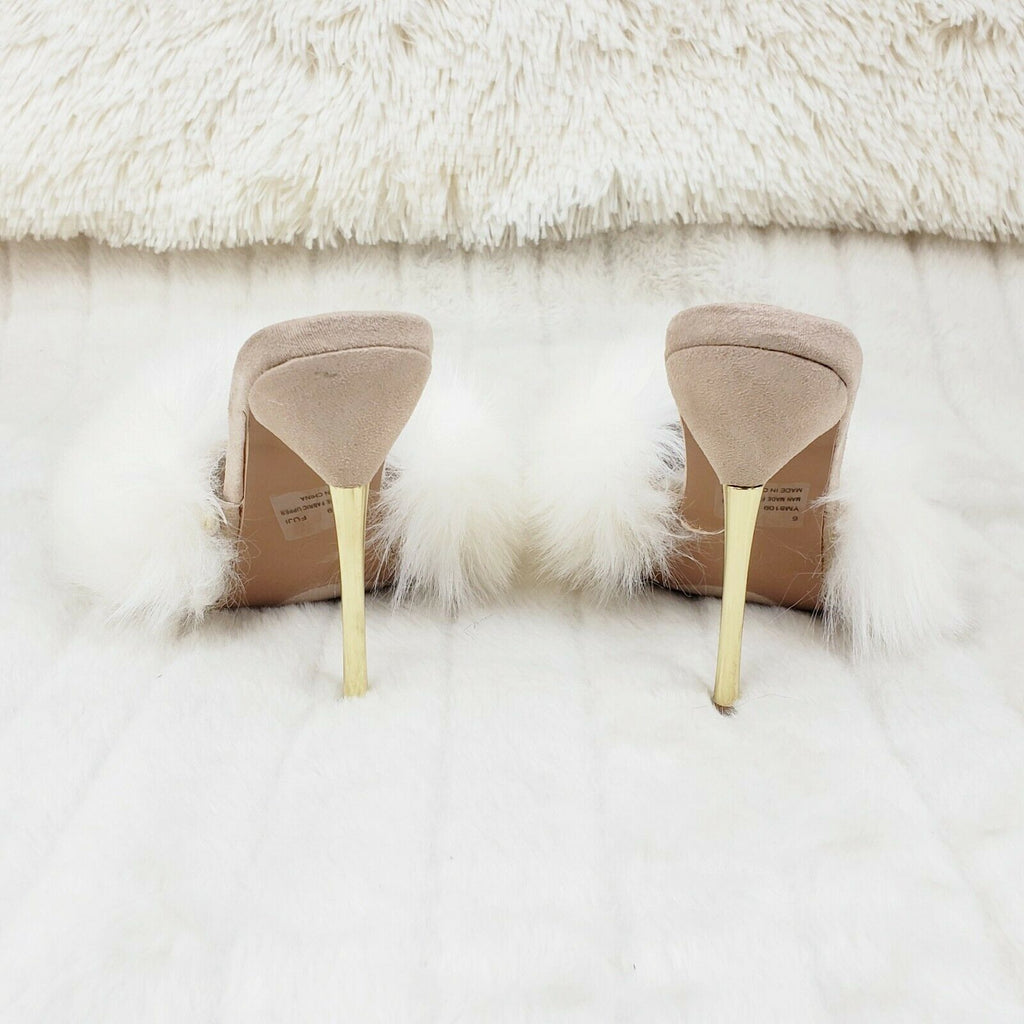 Fuji Furry Pointy Toe Slip On 4.5" Gold Tone Slim Heels Nude - Totally Wicked Footwear