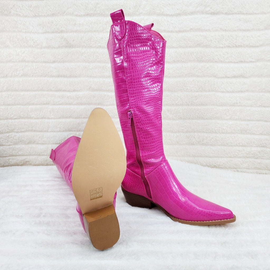 Sissy Fuchsia Pink Snake Texture Western Knee High 2" Heel Cowgirl Boots - Totally Wicked Footwear