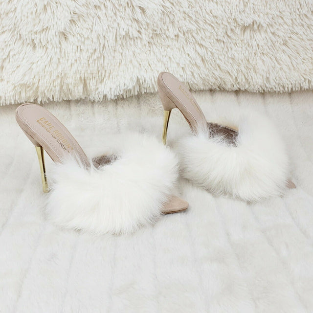 Fuji Furry Pointy Toe Slip On 4.5" Gold Tone Slim Heels Nude - Totally Wicked Footwear