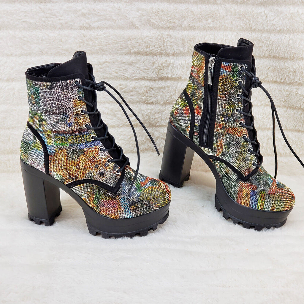 News Story Multi Sparkle Rhinestone Lug Sole Chunky High Heel Ankle Boots - Totally Wicked Footwear