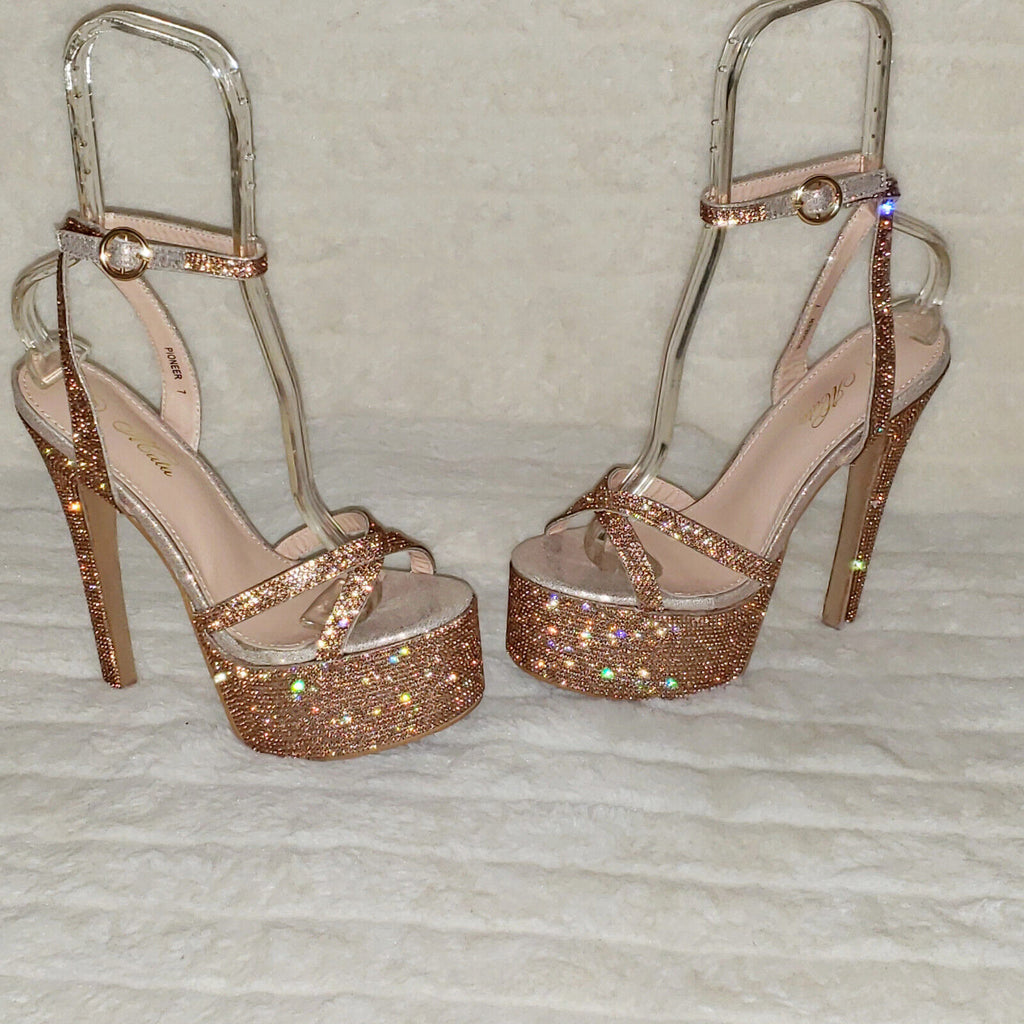 Bejeweled Pioneer Rose Gold Sparkling Rhinestone Platform 6.5" Heels Shoes - Totally Wicked Footwear