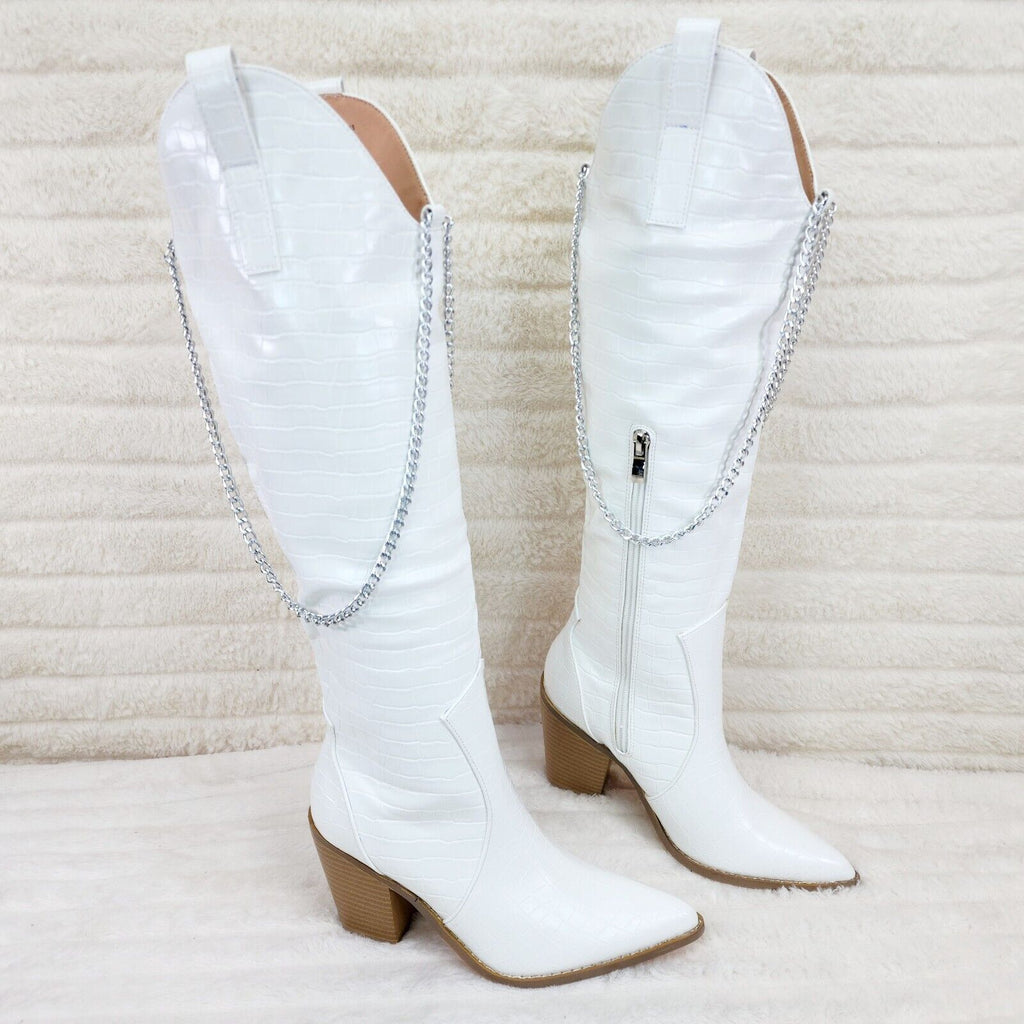 Dallas White Snake Texture Western Knee High Draped Chain Cowgirl Boots - Totally Wicked Footwear
