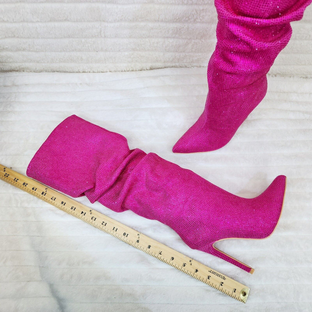Radiant Fuchsia Pink Rhinestone High Heel Slouch Knee High Boots - Totally Wicked Footwear