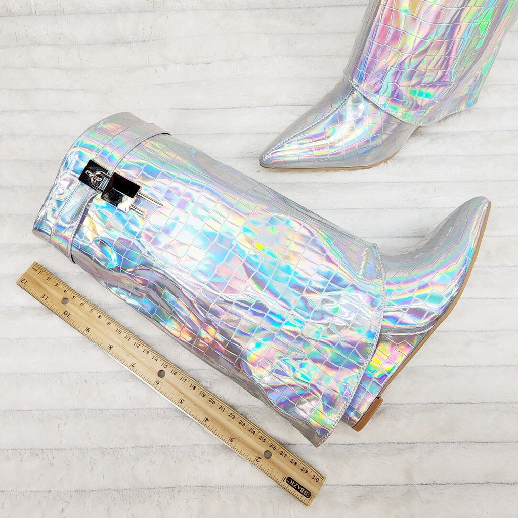 Vision Royal Silver Hologram Wedge Heel Fold Over Skirted Ankle Boots - Totally Wicked Footwear