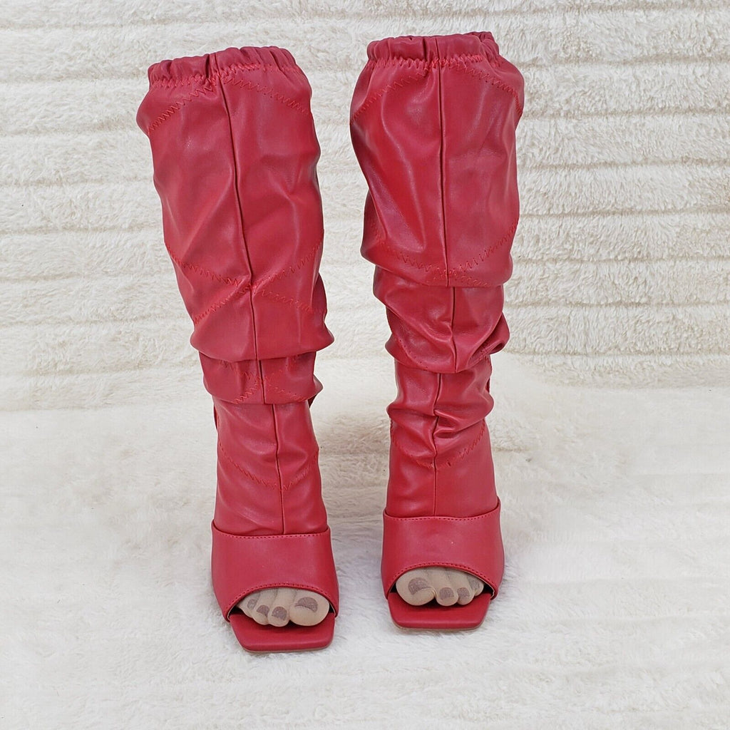Victoria RED Square toe Mid Calf Adjustable Slouch Scrunch Pull On Boots - Totally Wicked Footwear