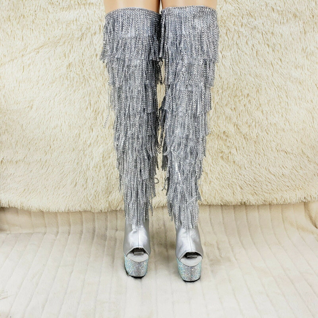 Bejeweled 3019DM Silver Rhinestone Platform 7" High Heel Fringe Thigh Boots NY - Totally Wicked Footwear