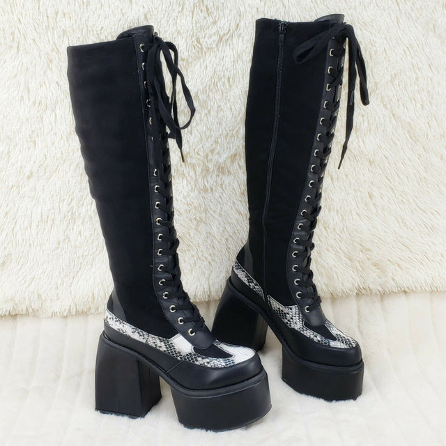 Blogger Block Heel Lace up Platform Goth Punk Festival Knee Boots - Totally Wicked Footwear