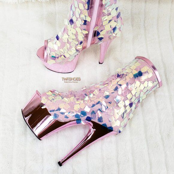 Delight 1031SQ Pink Opal Sequin Ankle Boot 7" High Heel Shoe Sizes 11 & 12 NY - Totally Wicked Footwear
