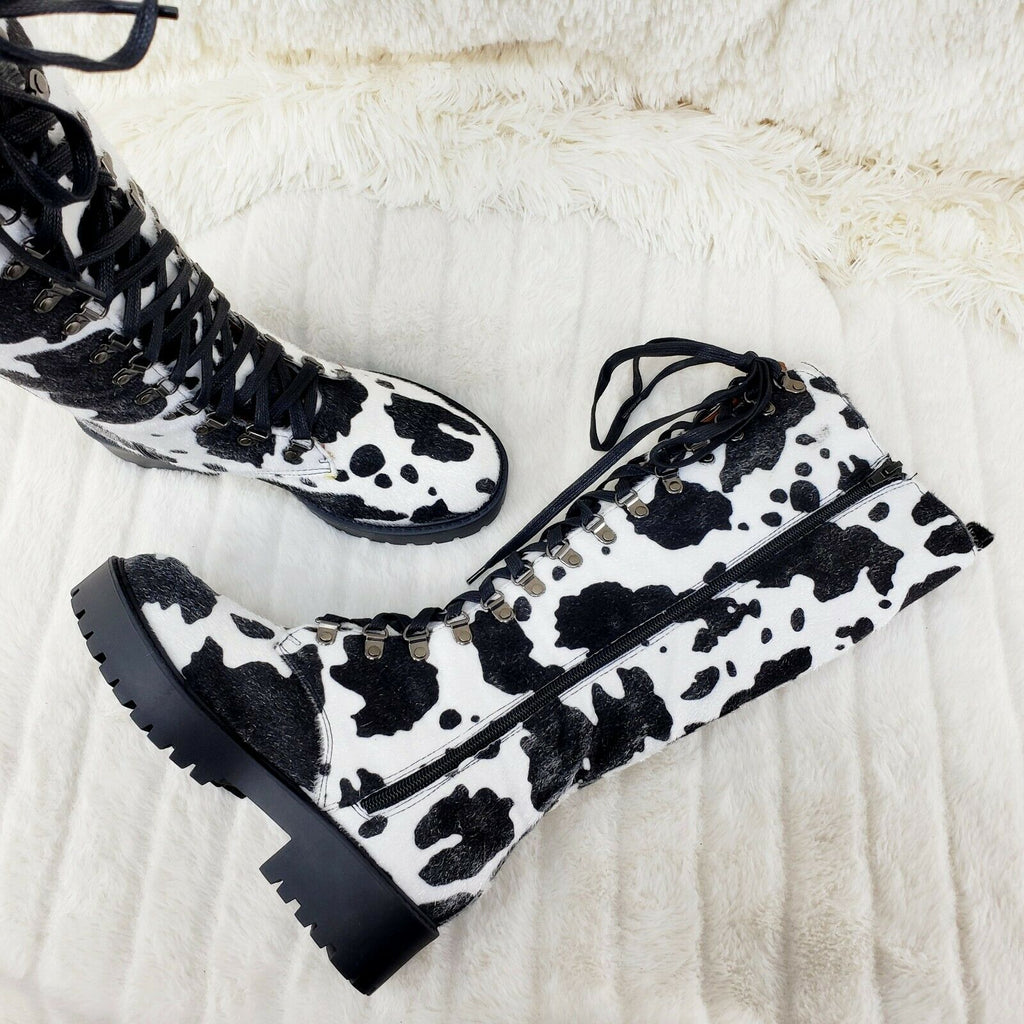 Savage Goth Punk Rock Faux Cow Fur Lace Up Platform Combat Knee Boots - Totally Wicked Footwear