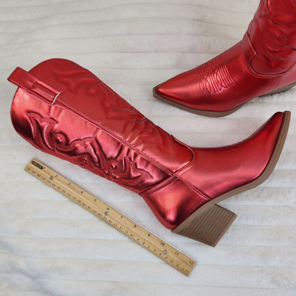 Disco Cowgirl Metallic Red Cowboy Knee Boots Western Block Heels US Sizes - Totally Wicked Footwear