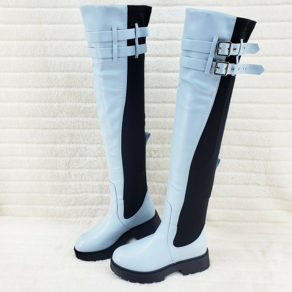 Techno Baby Blue Black Stretch Panel Lug Sole Thigh High Boots - Totally Wicked Footwear