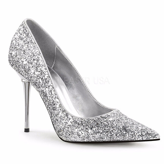 Appeal 20G Silver Glitter Pointy Toe 4" Metal Heel Single Sole Pump Size 8 - Totally Wicked Footwear