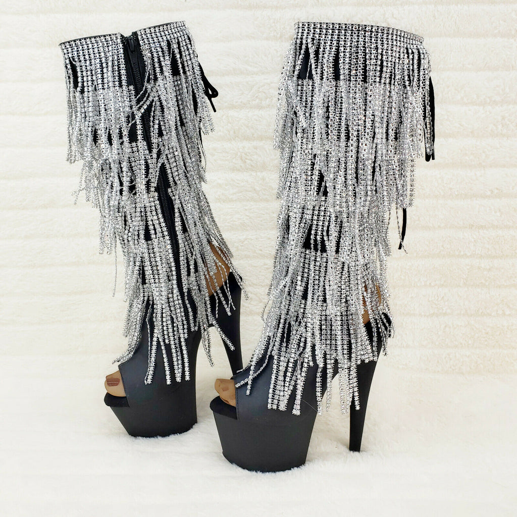 Adore 2024 Silver Fringe Black Platform 7" High Heel Fringe Knee Boots NY - Totally Wicked Footwear