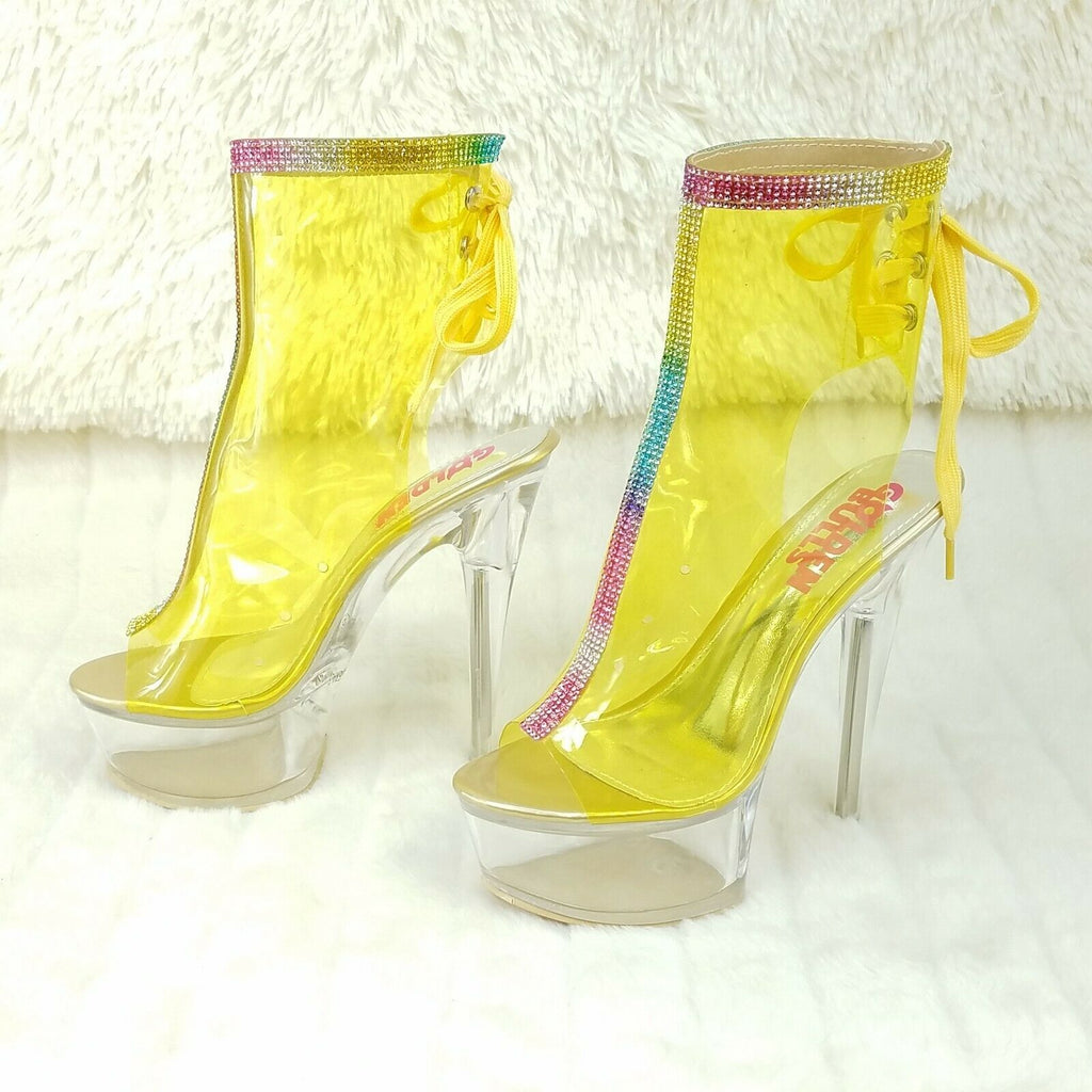 1018C Xapala Yellow Clear Platform Heels Shoes Rhinestone Trim Ankle Boots - Totally Wicked Footwear