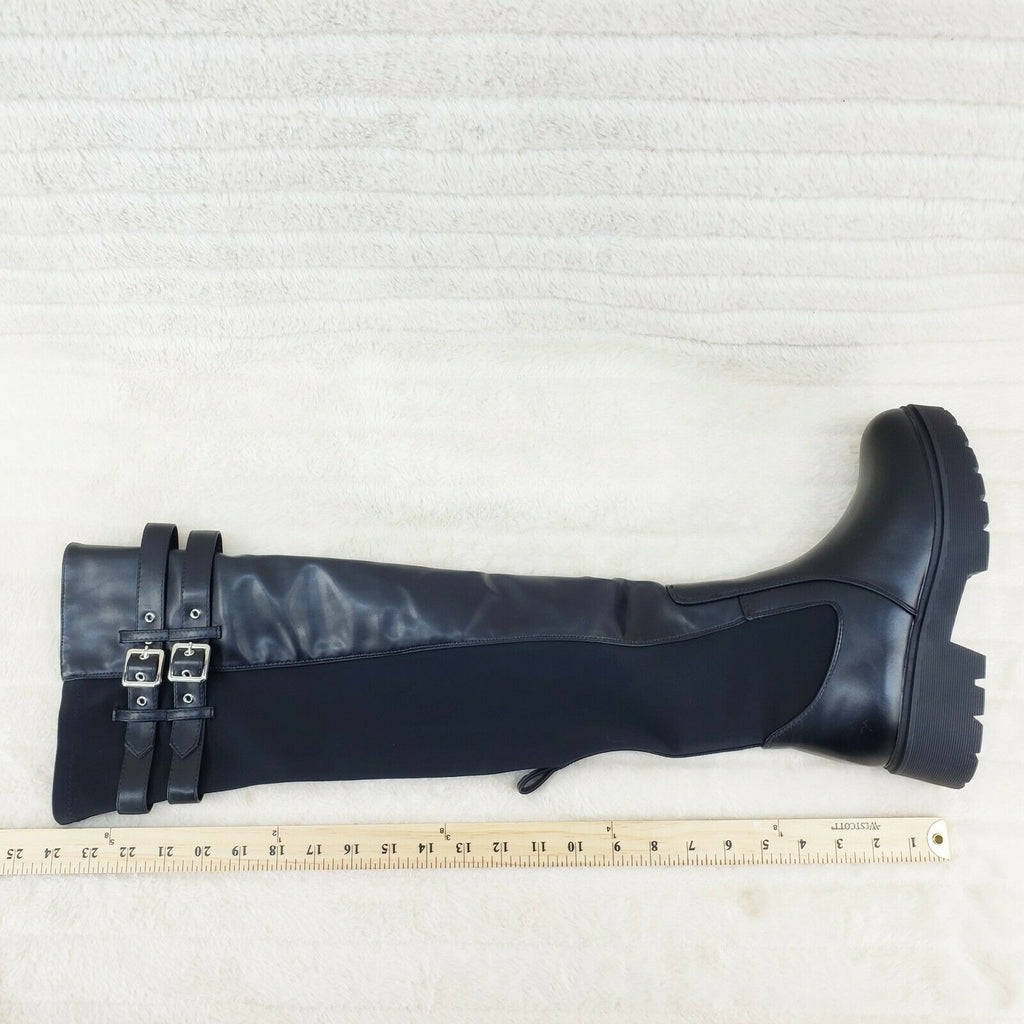 Techno Baby Black Leatherette Spandex Stretch Panel Lug Sole Thigh High Boots - Totally Wicked Footwear