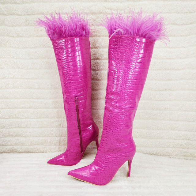 Flirty Fuchsia Pink Snake Texture Knee High Heel Stiletto Boots Sexy Feather Top - Totally Wicked Footwear