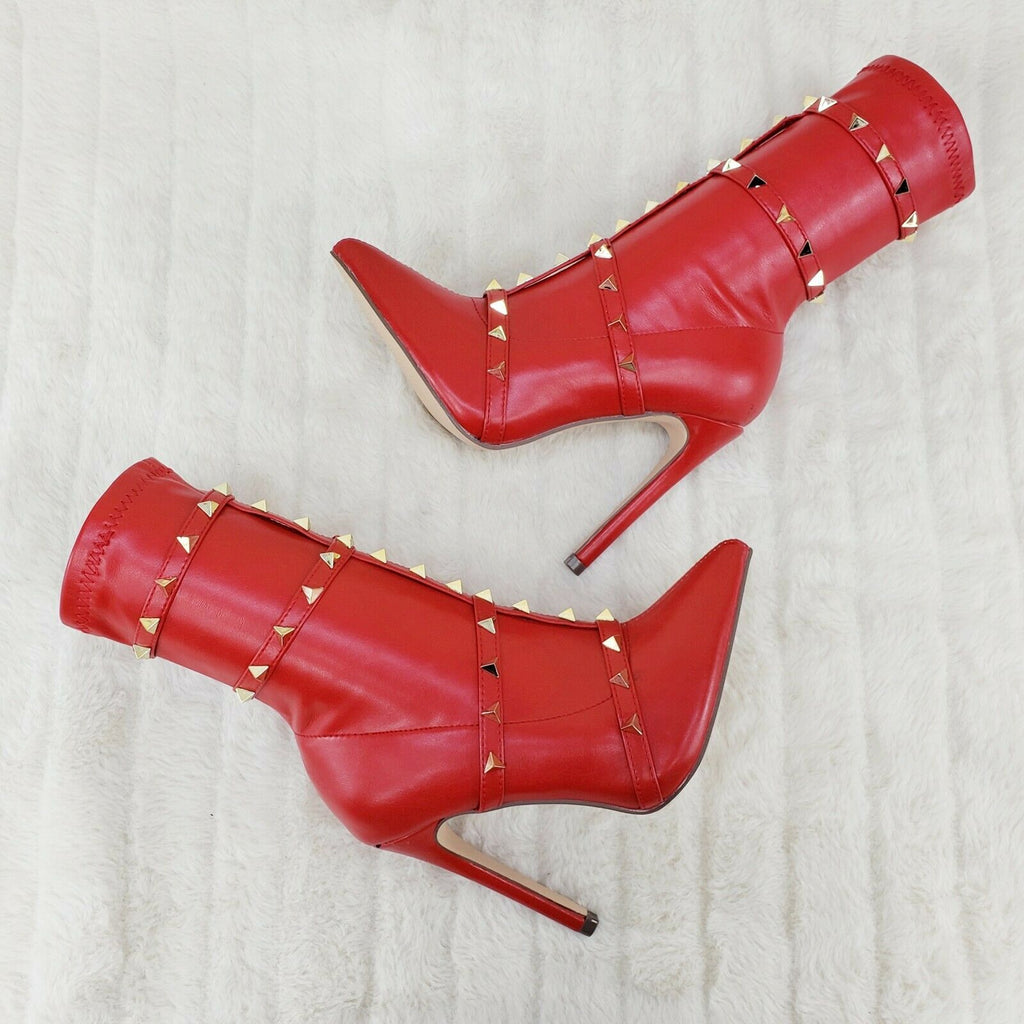 Mark Pyramid Stud Strap High Heel Pointy Toe Stretch Ankle Boots Red - Totally Wicked Footwear