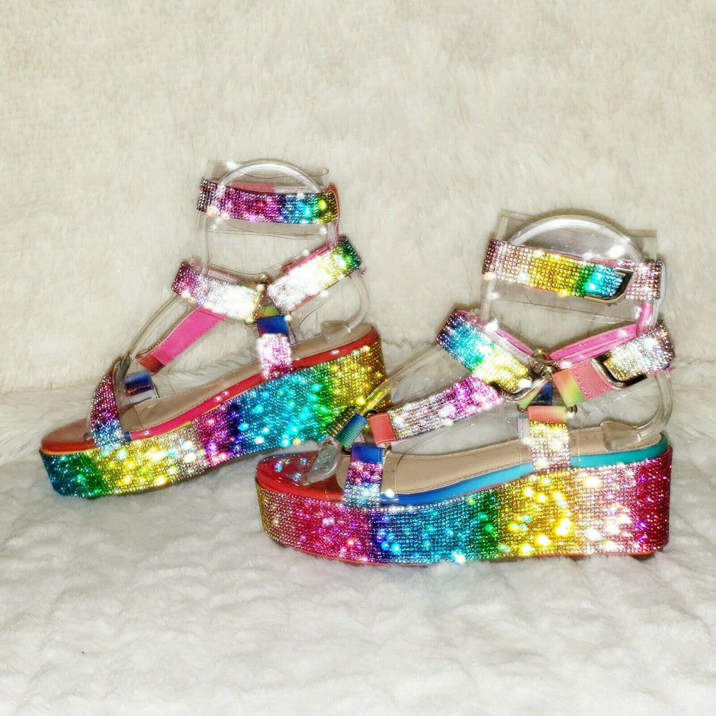 2" Flatform Harness Strap Rainbow Rhinestone Sandals Comfy New Shoes Restocked - Totally Wicked Footwear