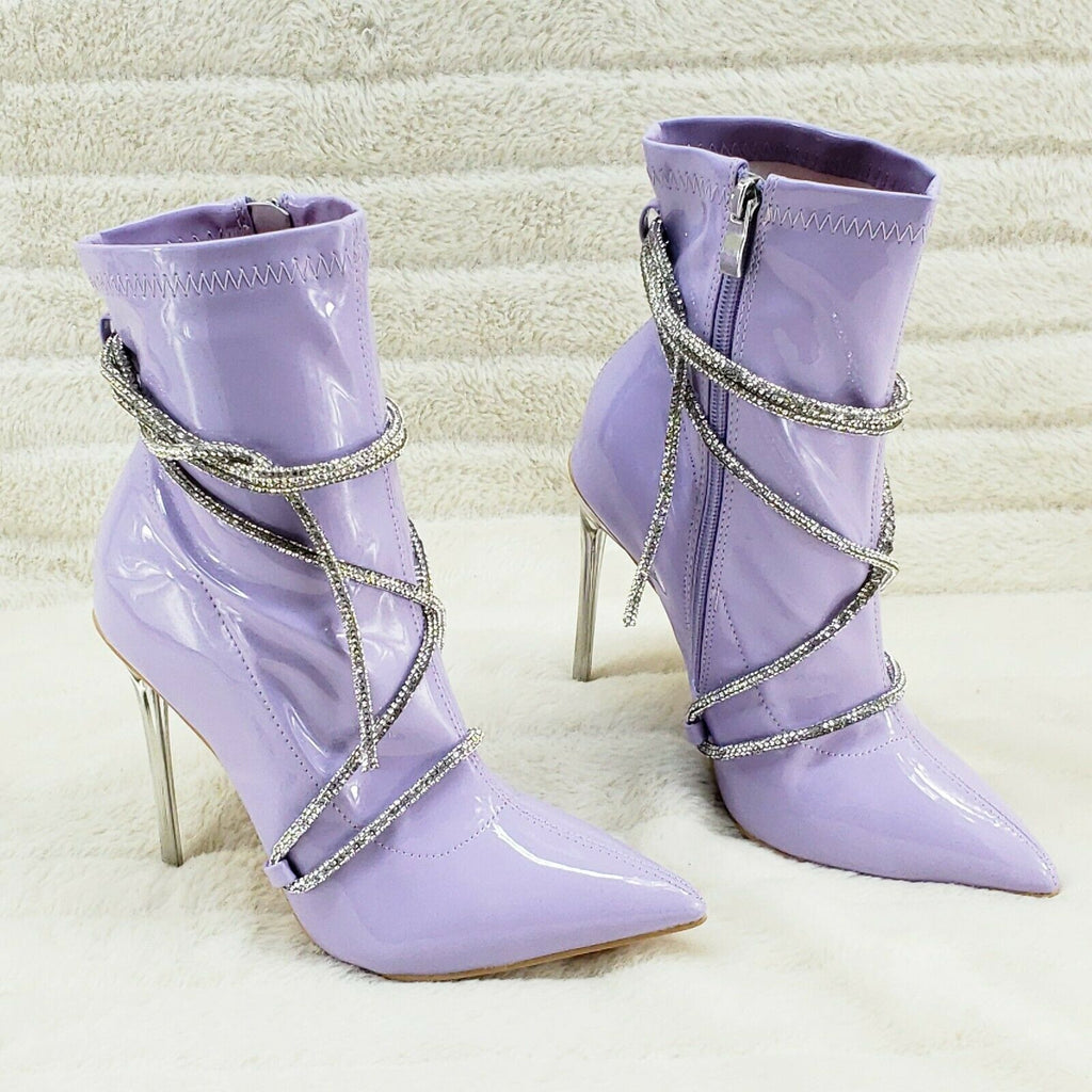 Destiny Lilac Purple Stretch Patent Cable Rhinestone Strap High Heel Ankle Boots - Totally Wicked Footwear