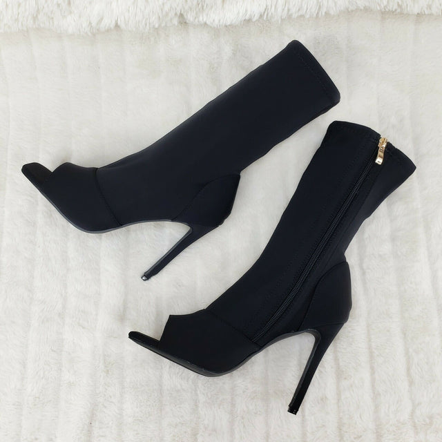 Victoria Black Stretch Square Open Toe High Heel Ankle Boots - Totally Wicked Footwear