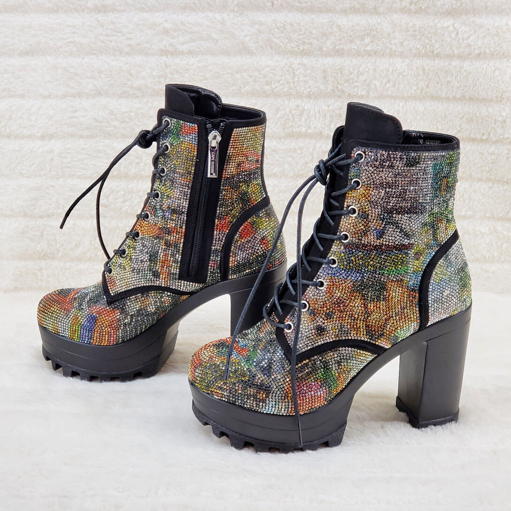 News Story Multi Sparkle Rhinestone Lug Sole Chunky High Heel Ankle Boots - Totally Wicked Footwear