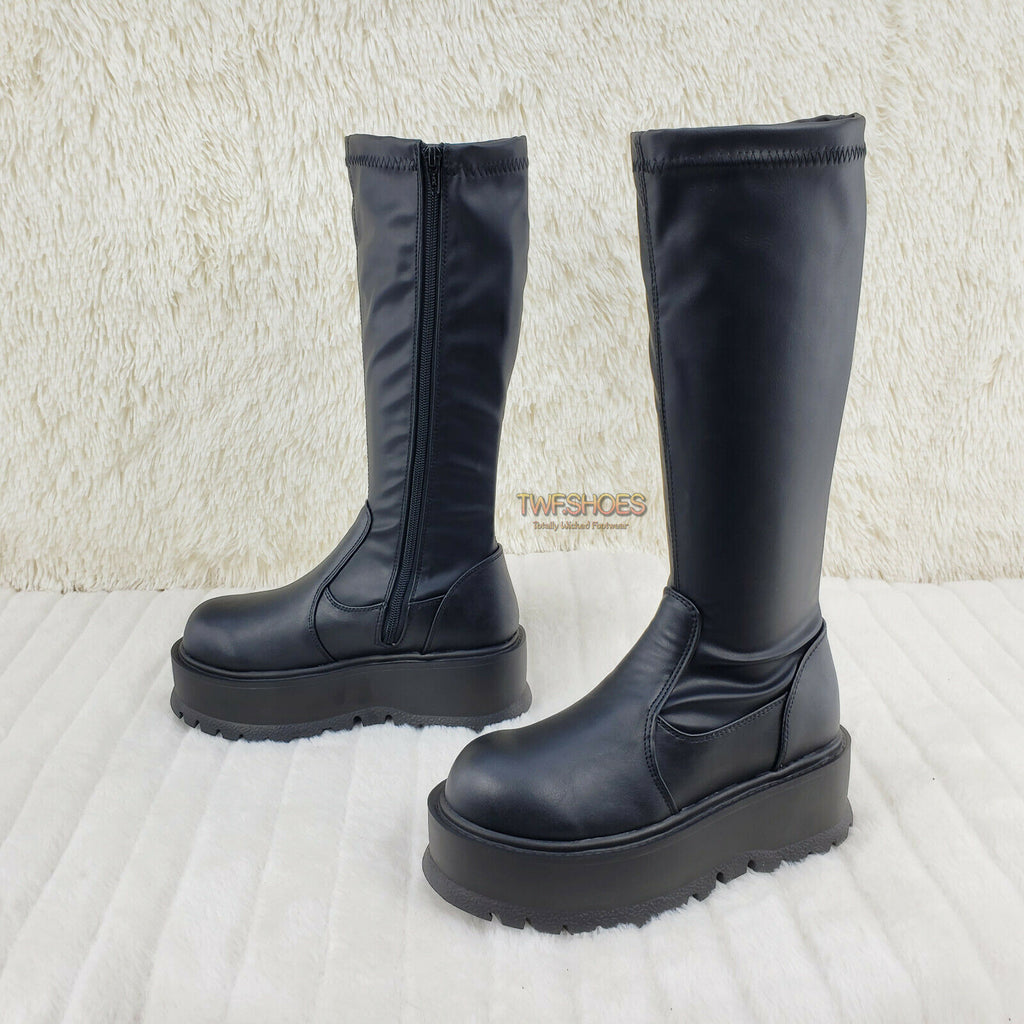 Demonia Slacker 200 65 Black Matte Platform Wedge Heel Knee Boots NY - Totally Wicked Footwear