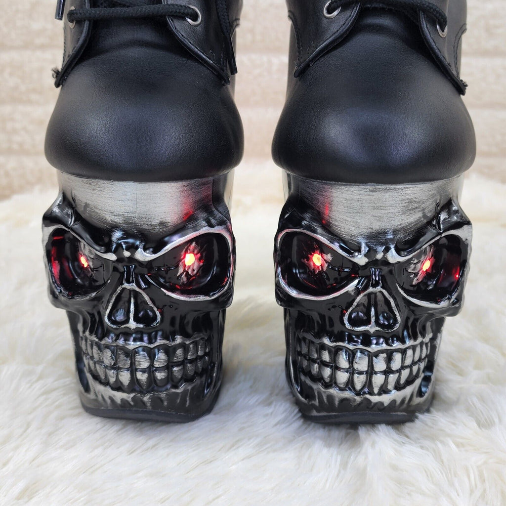 Rapture Brushed Skull & Bones 8" High Heel Platform Ankle Boots Lighted Eyes NY - Totally Wicked Footwear