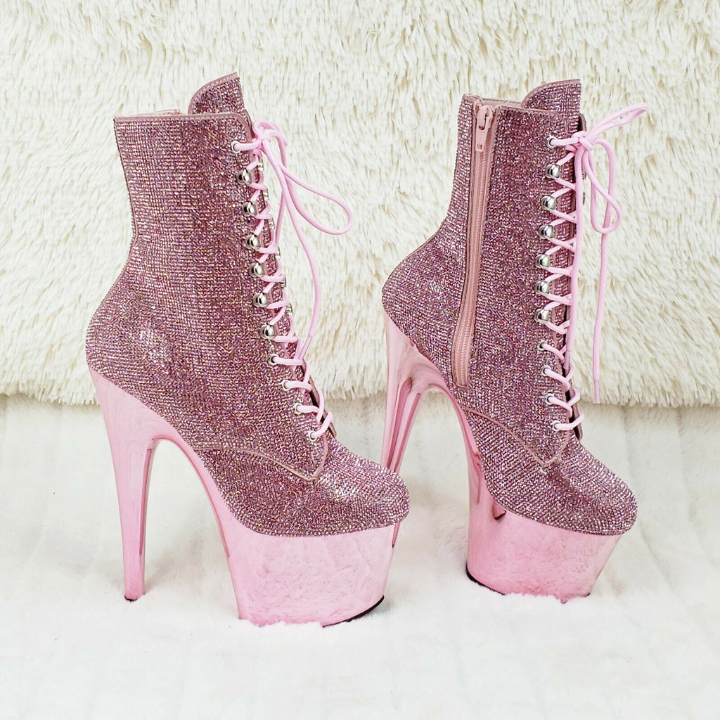 Adore 1020CHRS Bejeweled Lace Up 7" High Heel Chrome Platform Ankle Boots NY - Totally Wicked Footwear