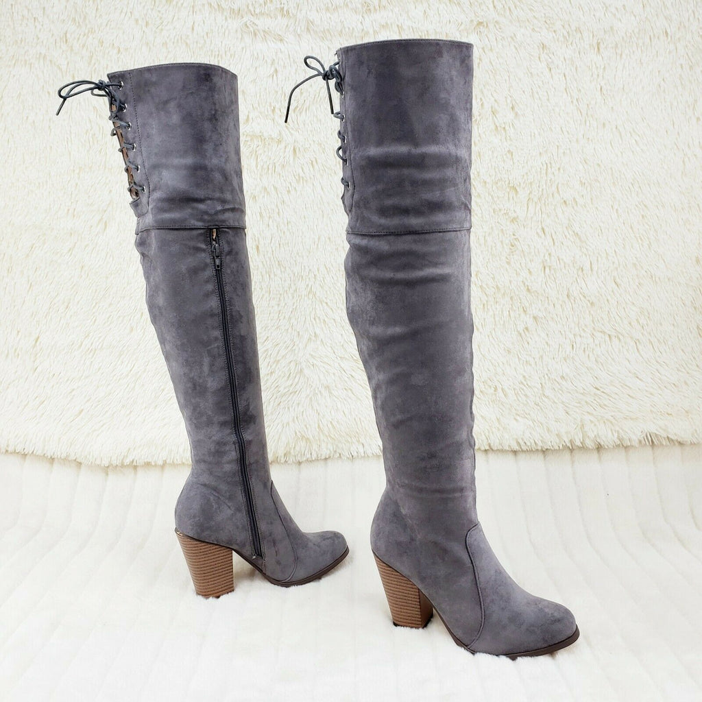 C & C Gray Vegan Suede OTK Western Block Style 3.5" High Heel Boot - Totally Wicked Footwear